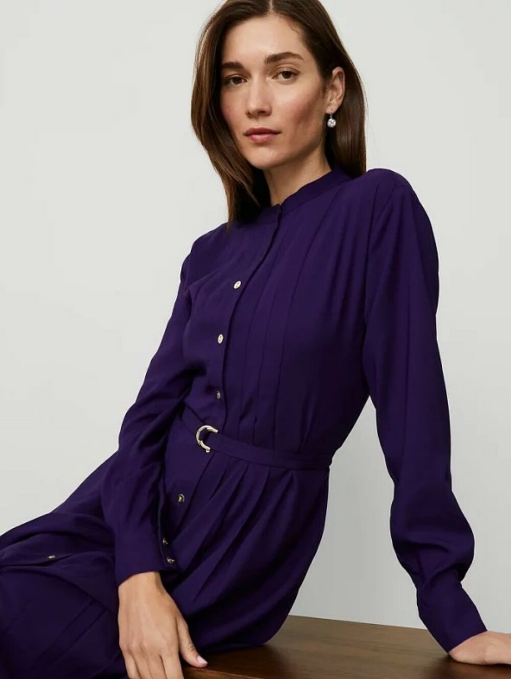 Ann Taylor Deep Purple Long-Sleeve Button-Front Shirt Dress With Belt, 8